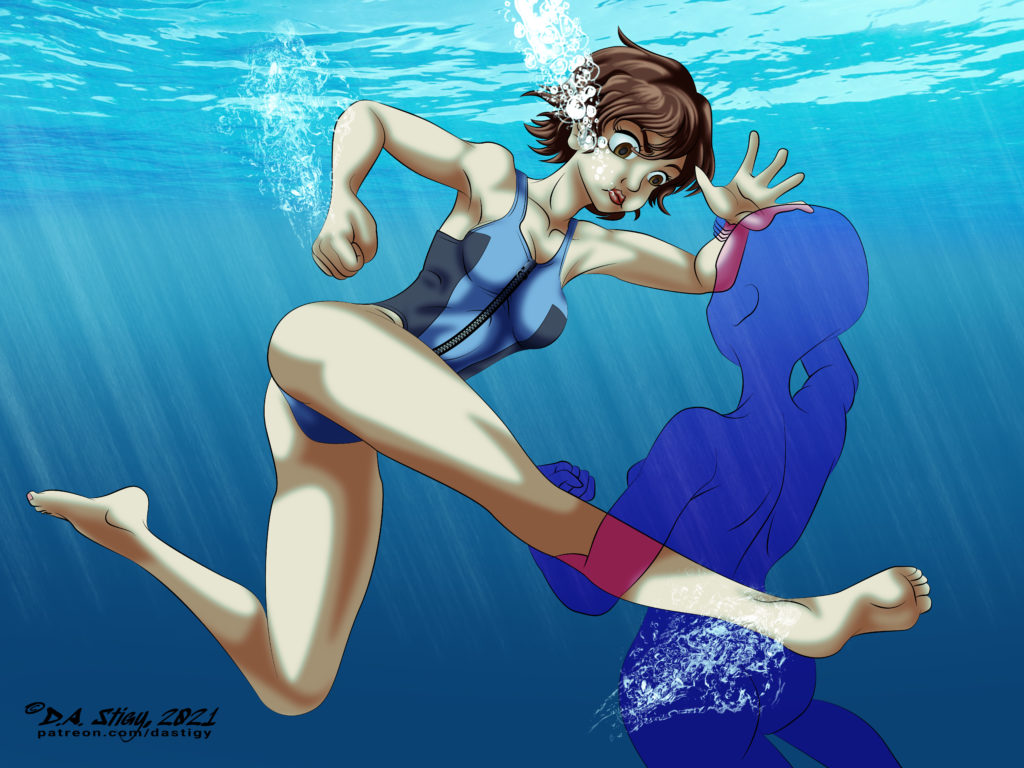 Asuka grappling with a foe underwater