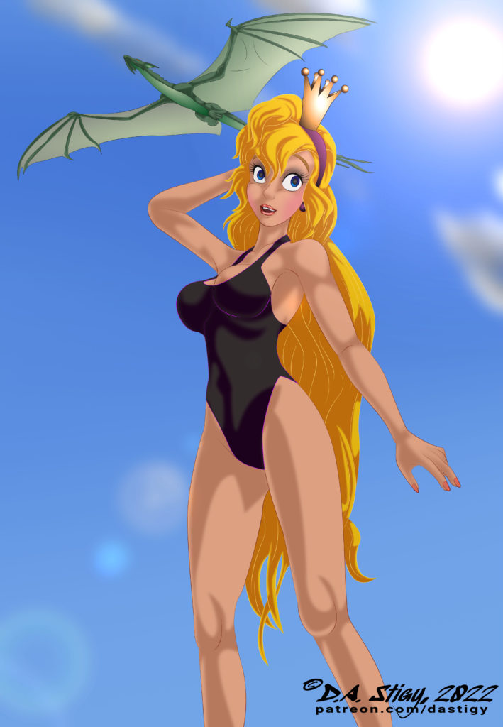 Princess Daphne, strolling on the beach as a green dragon flies by overhead.