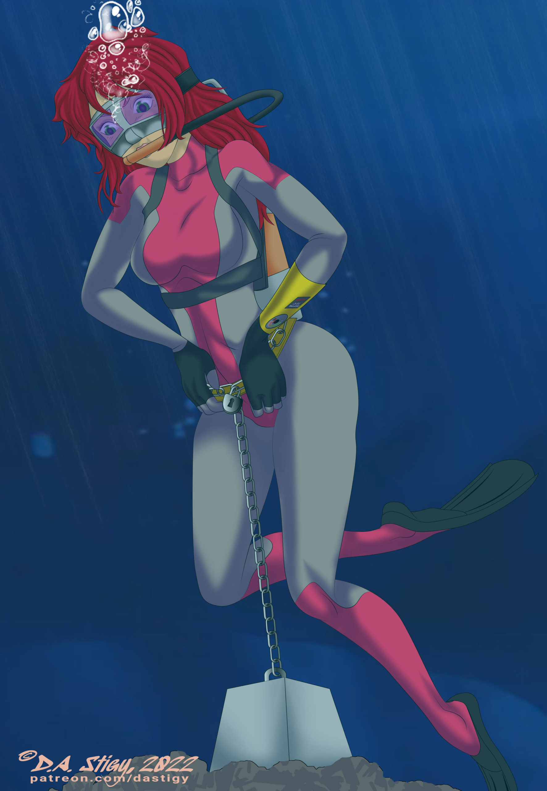 Jessie Bannon, from the Real Adventures of Johnny Quest, chained to a concrete block while scuba diving.