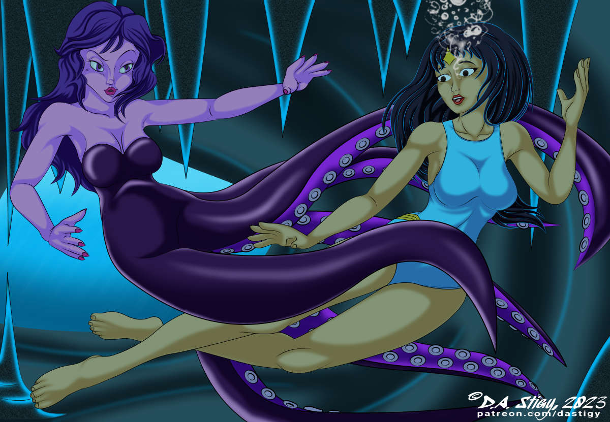 Princess Ariel having an encounter with the Sea Witch in her cave.