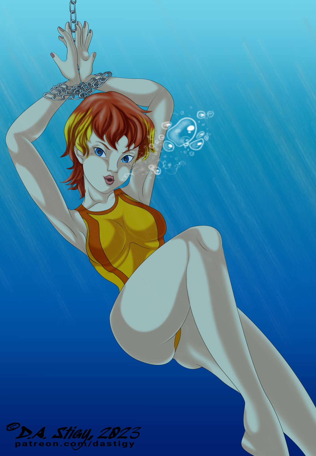 Angel, from the obscure 80's cartoon "Tiger Sharks" swimming underwater, like bait.