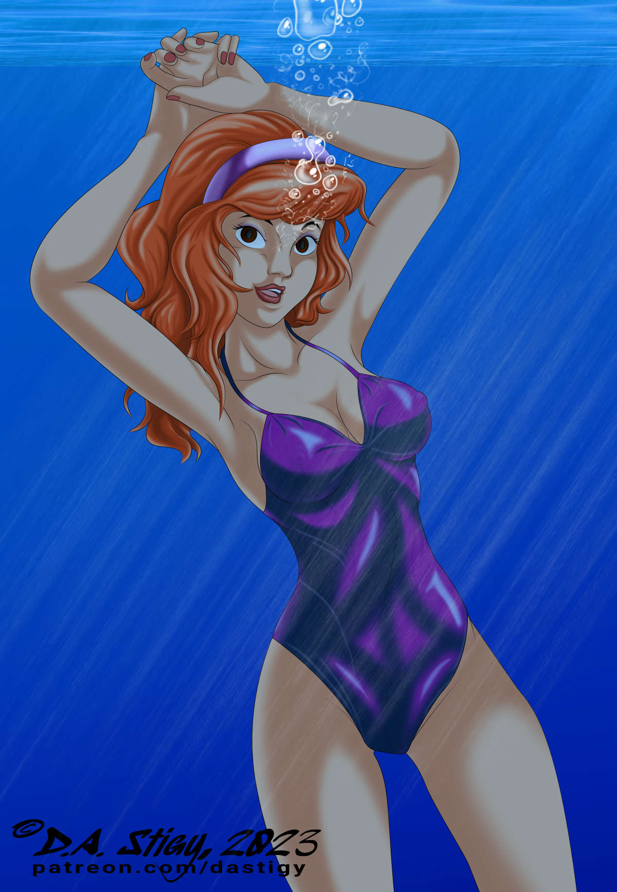 Daphne Blake, posing underwater in a tight shinny swimsuit.