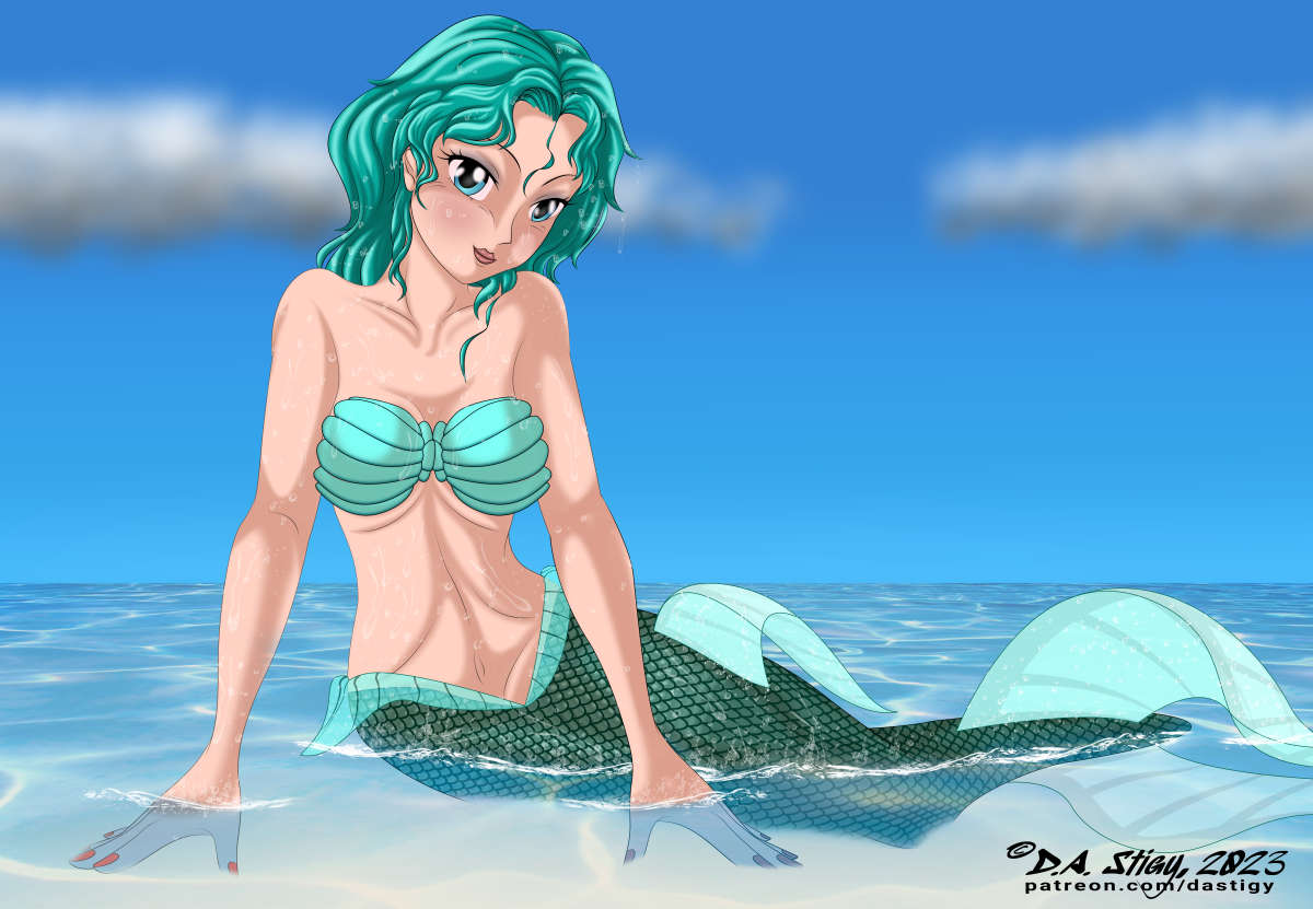 Michiru Kaioh as a mermaid, sitting in the shallows.