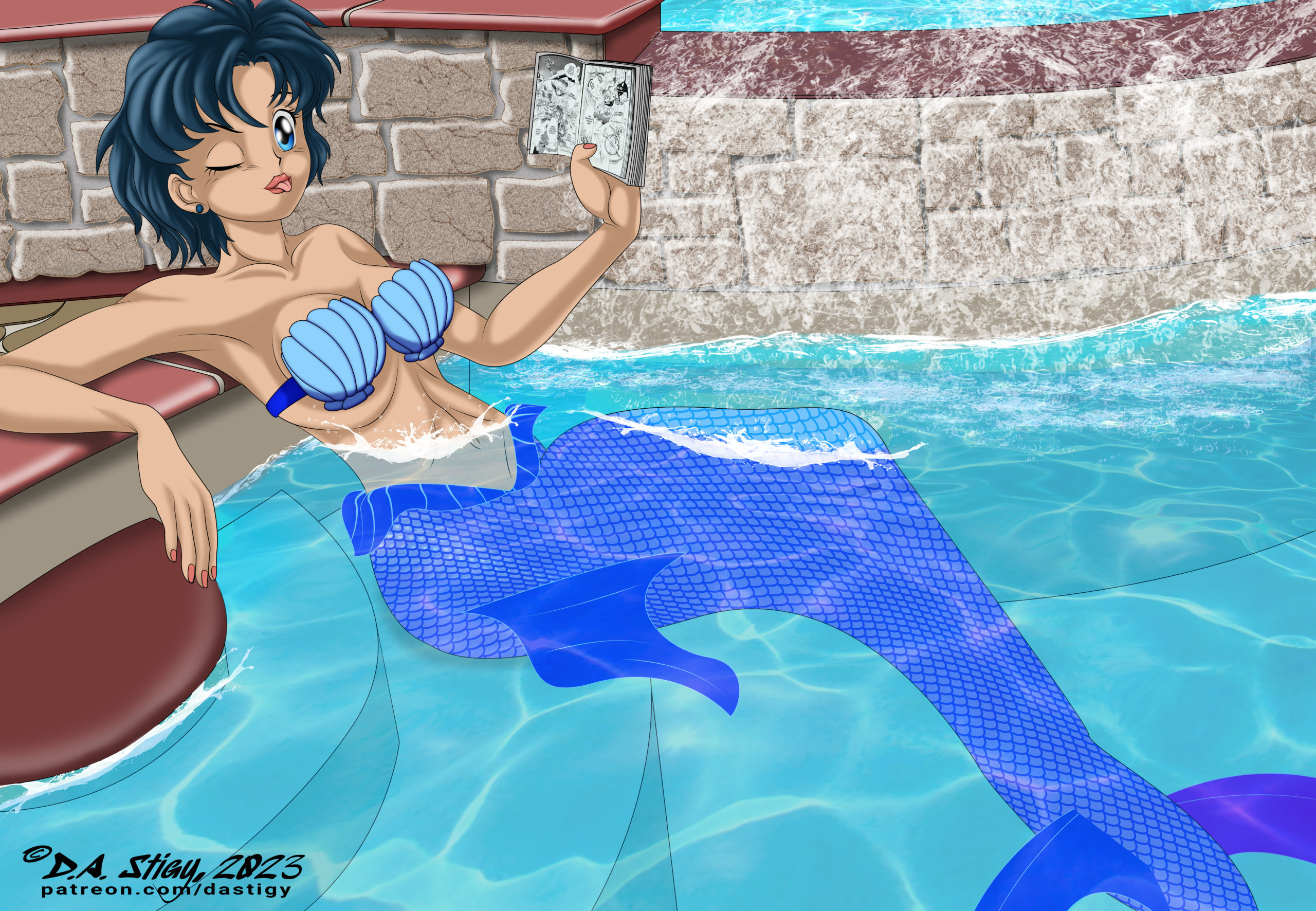 Ami Mizuno as a mermaid, relaxing in a nice pool with a book. Wait, is she secretly reading a Sailor Moon Manga?!