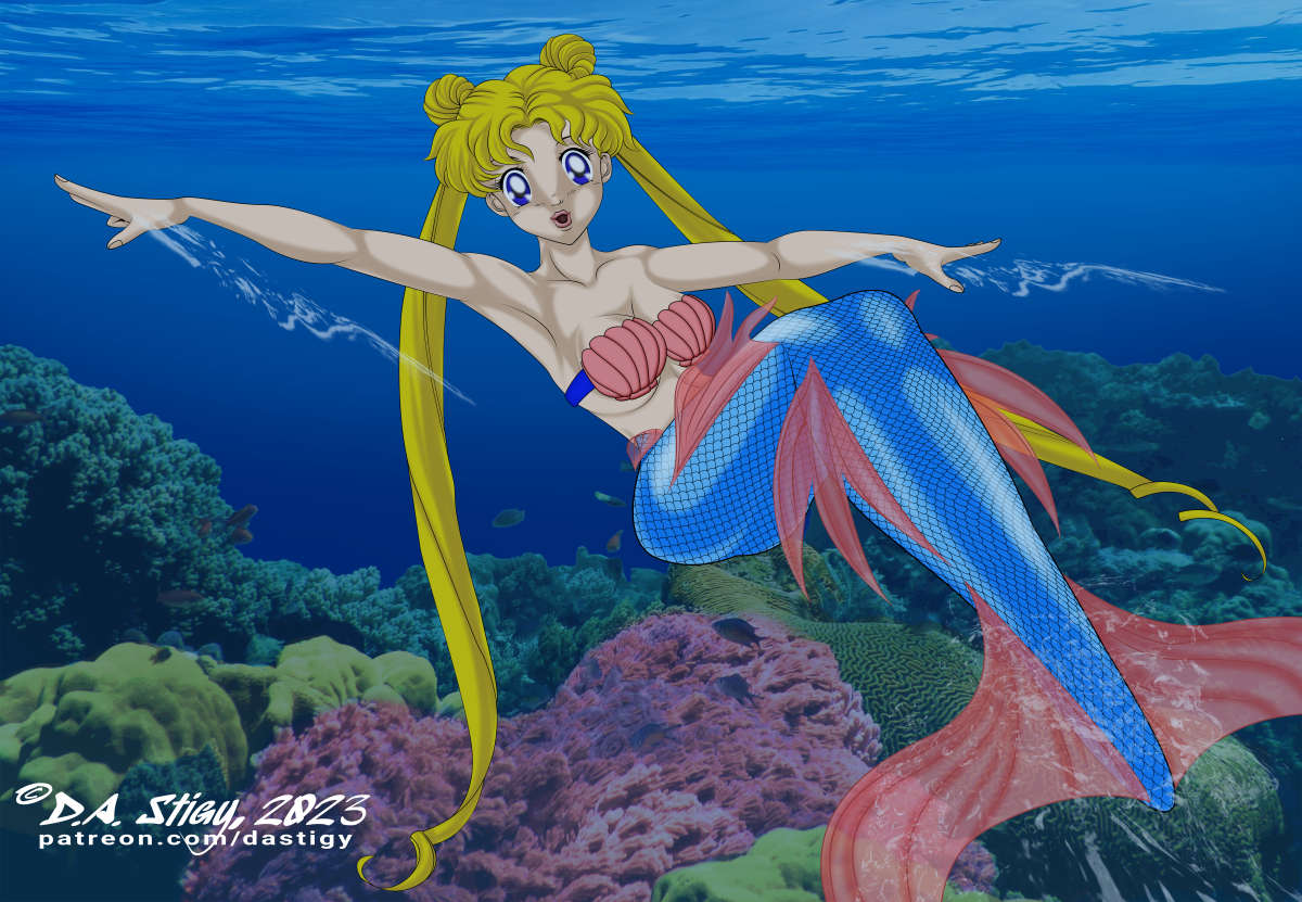 Usagi Tsukino as a mermaid, swimming through a coral sea.