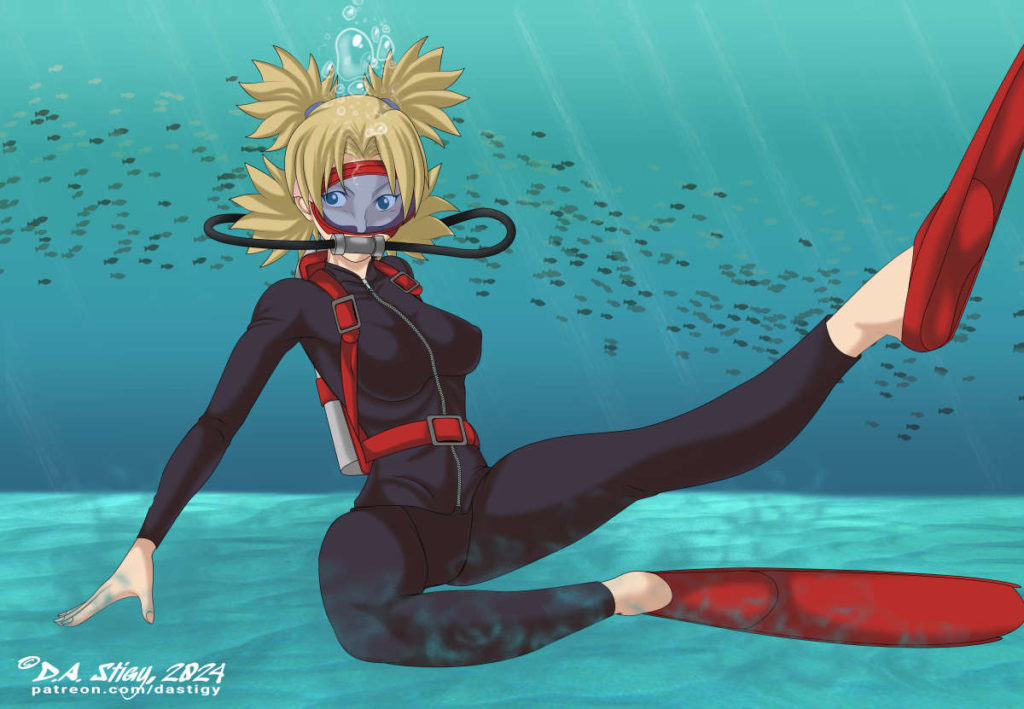 Temari, sitting on the sea floor