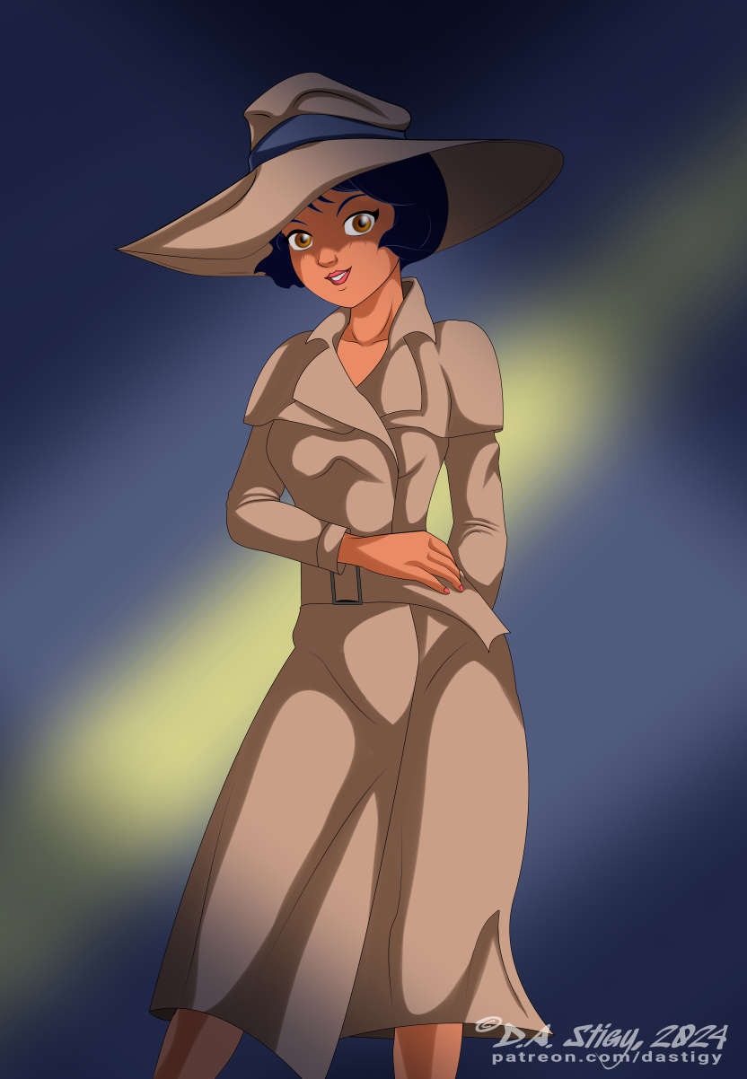 Alex from Totally Spies waiting in the shadows wearing a trench coat and a wide-brimmed hat. She has a mysterious glint in her eye, as if she's up to something.