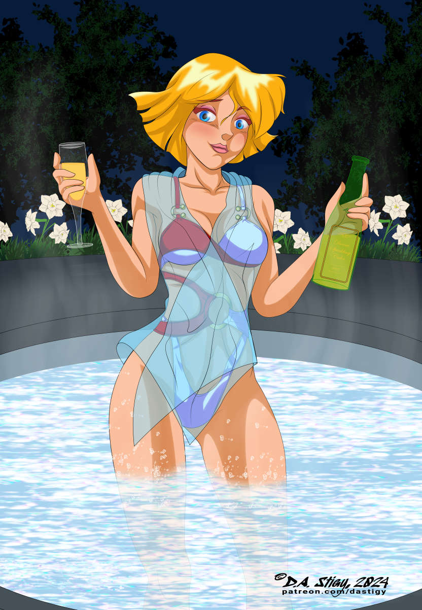 Clover from Totally Spies waiting in a hot tub with glass of sparkling cider and a blush.