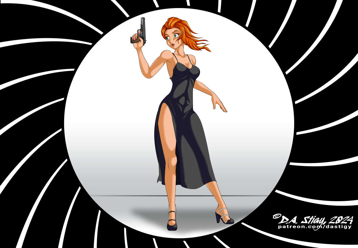 Sam from Totally Spies in a slinky black dress, framed like the iconic 007 logo.