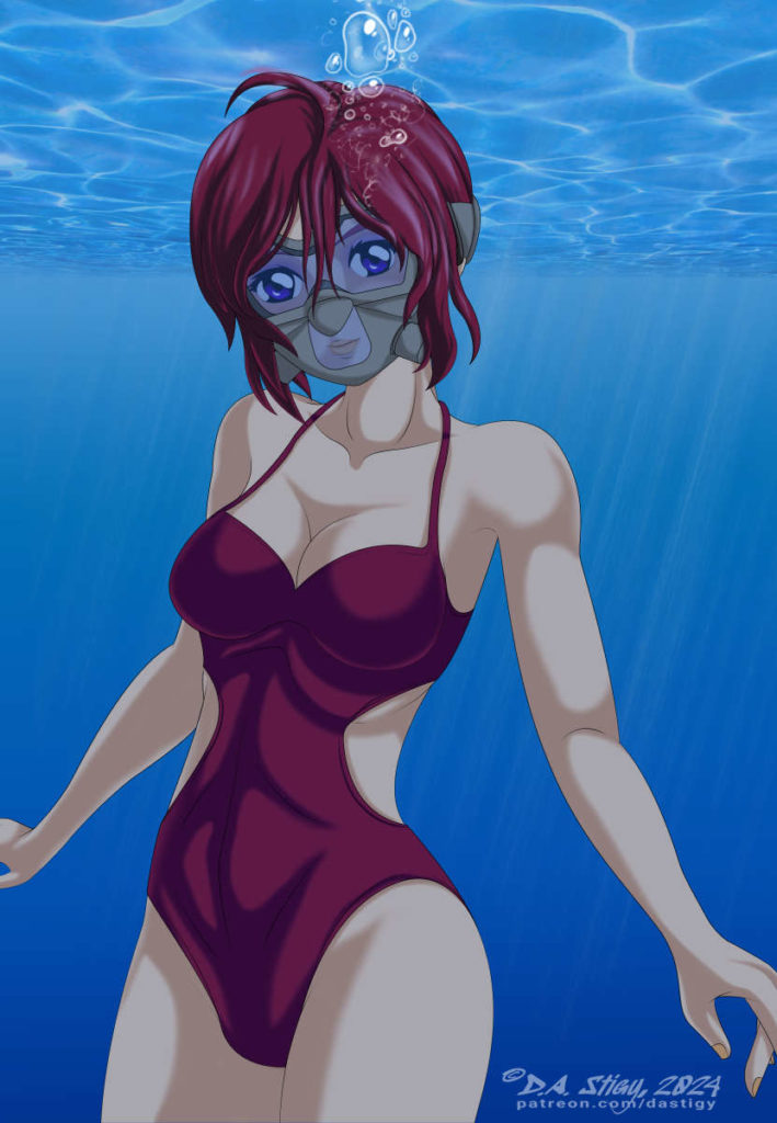 Lunamaria Hawke, from Gundam Seed Freedom, diving with a futuristic mask/breather combo.