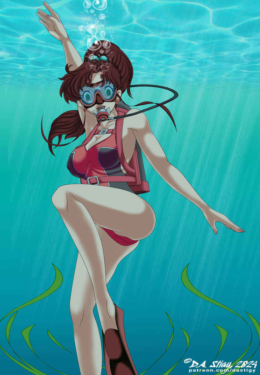 Makoto Kino, enjoying a nice dive in a lake. The local flora seems happy to see her.