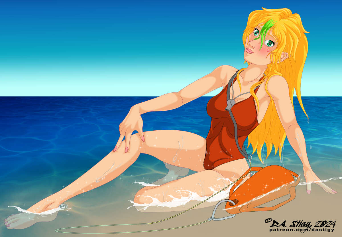 Alenia, dressed as a lifeguard, resting in the shoals.