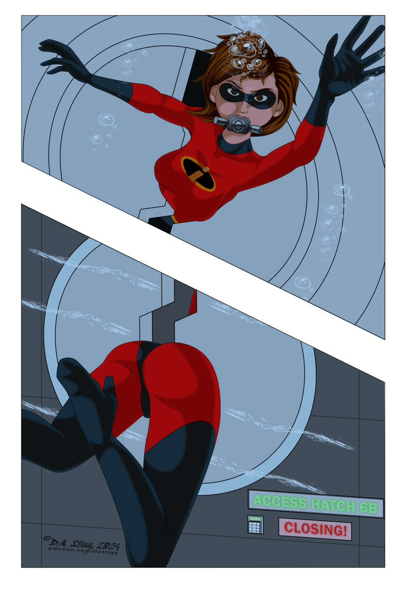 Elastigirl infiltrating the villain's lair, was just a hair too slow!